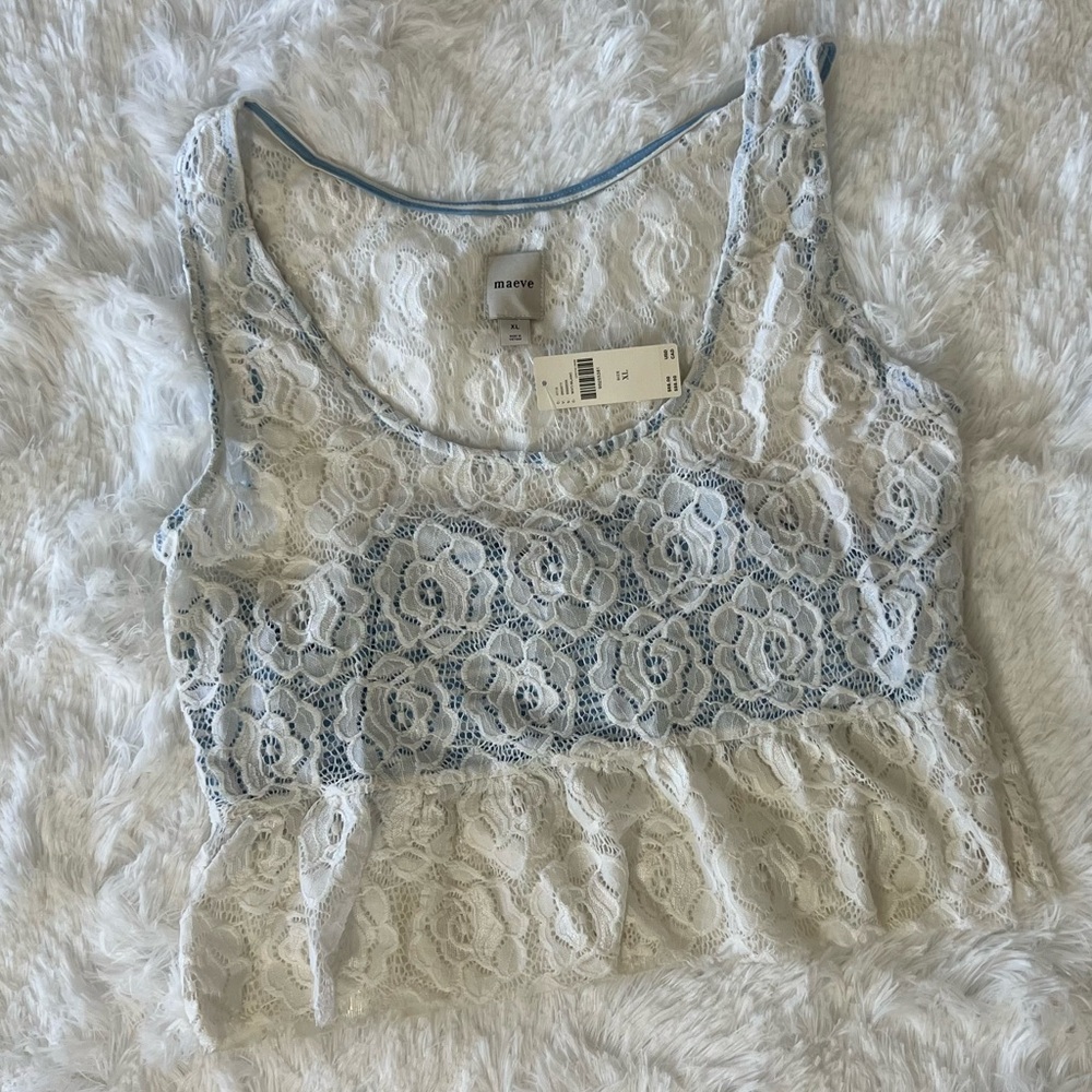 Anthropologie Maeve White Lace Peplum Crop Top with Light Blue Underlay - Picture 5 of 15